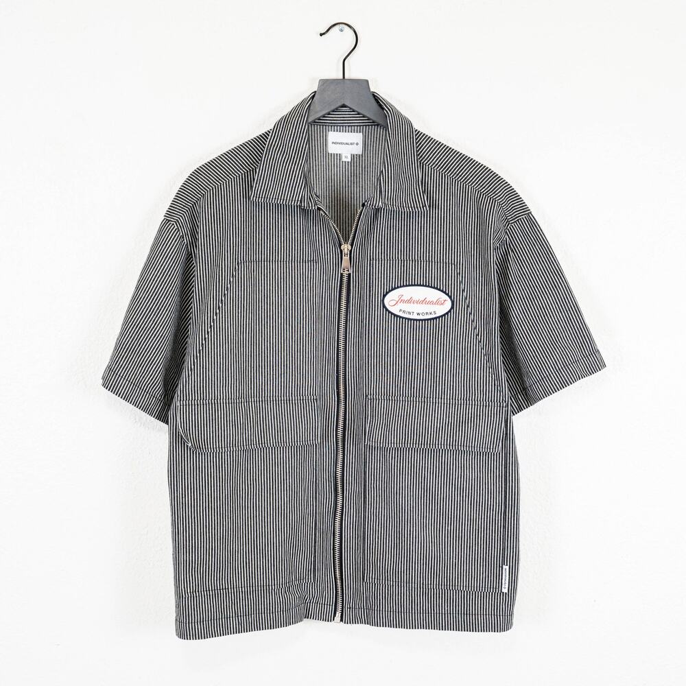 INDIVIDUALIST Boxy Striped Work Button up Shirt Short Sleeve XL